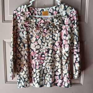 Ruby Rd. Pink and Brown Abstract Floral Blouse
